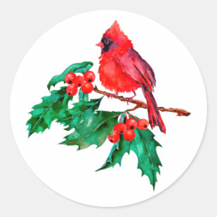 Red Kardinal Bird auf Holly Berry Branch Runder Aufkleber