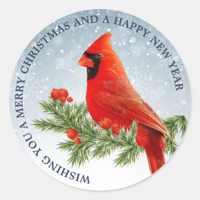 Red Kardinal Bird Frohe Weihnachtsaufkleber Runder Aufkleber (Vorderseite)