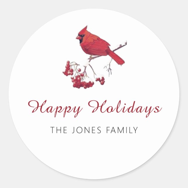 Red Kardinal Bird Happy Holidays Weihnachten Runder Aufkleber (Vorderseite)