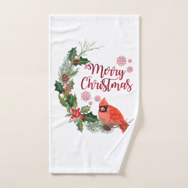 Red Kardinal Bird Holly Berry Weihnachten Badhandtuch Set (Handtuch)