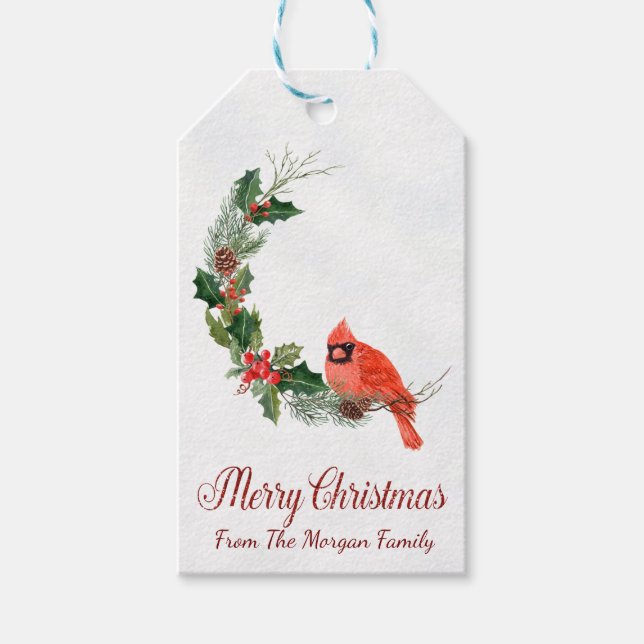 Red Kardinal Bird Holly Berry Weihnachten Geschenkanhänger (Vorderseite)