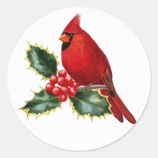 Red Kardinal Bird und Holly Berry Weihnachten Runder Aufkleber (Vorderseite)