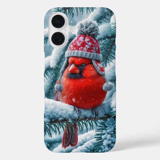 Red Kardinal Bird Wear Winter Hat iPhone 16 Hülle (Rückseite)