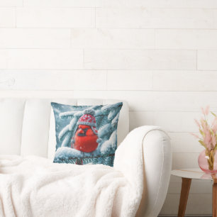 Red Kardinal Bird Wear Winter Hat Kissen