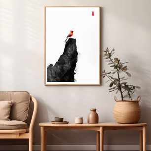 Red Kardinal Bird - Zen Tinte Wash Wall Poster