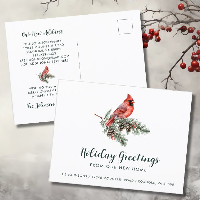Red Kardinal Holiday Gruß von New Zuhause Ankündigungspostkarte (Red Cardinal Holiday Greetings from New Home Moving Announcement Postcard)