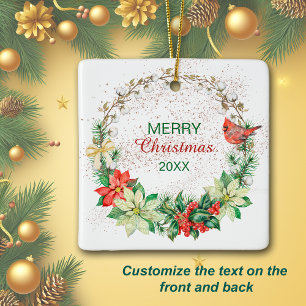 Red Kardinal Holiday Wreath Keramikornament