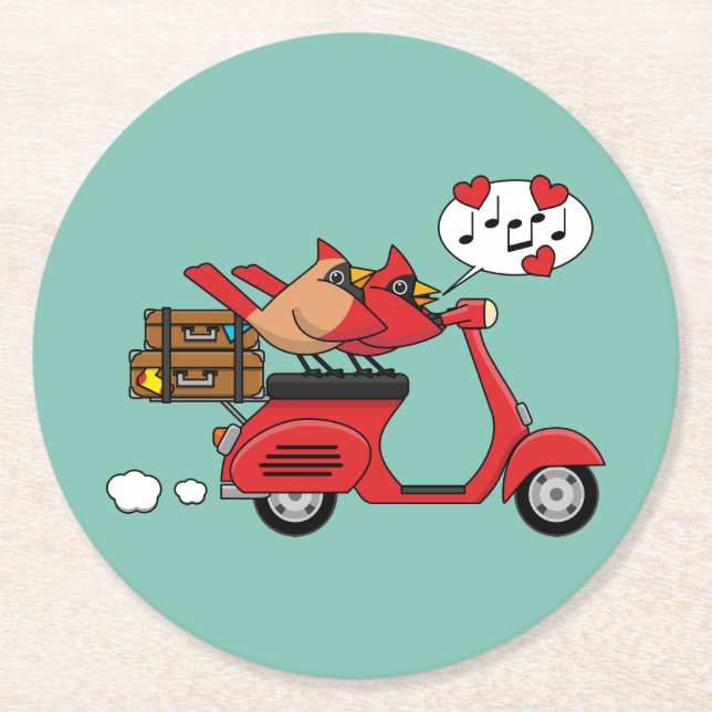 Red Kardinal Lovers on Scooter Runder Pappuntersetzer (Vorderseite)