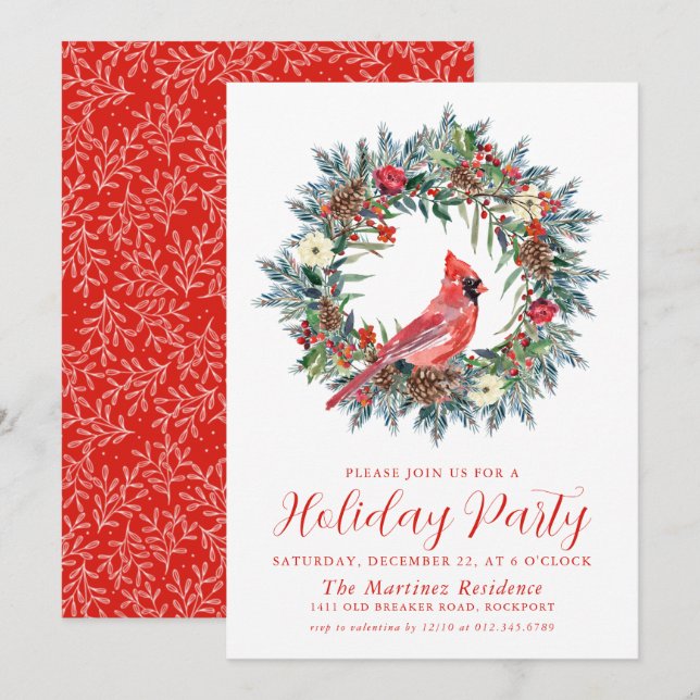 Red Kardinal Wreath Holiday Party Einladung (Vorne/Hinten)