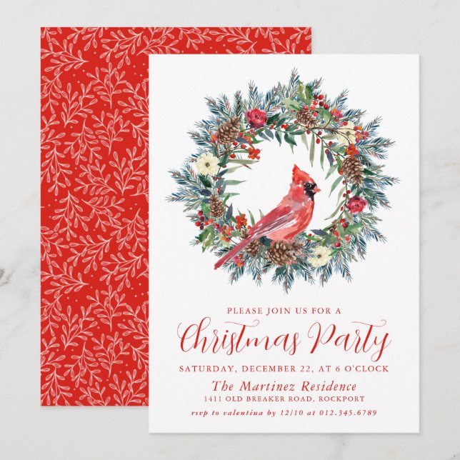 Red Kardinal Wreath Party Einladung (Vorne/Hinten)