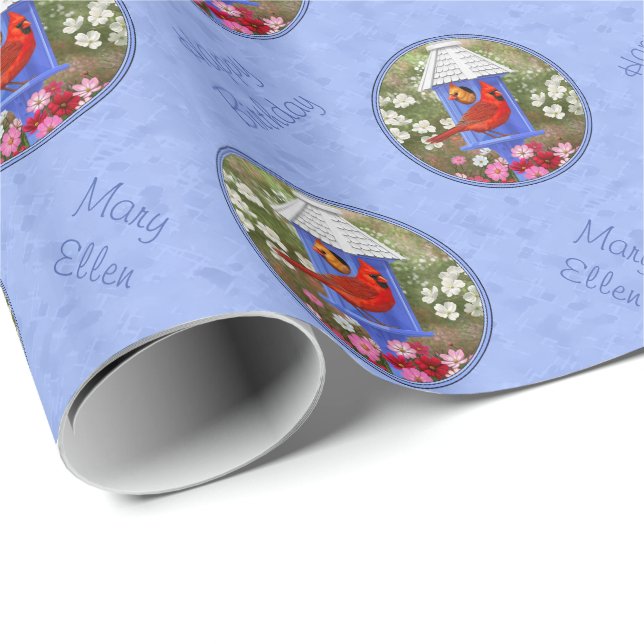 Red Kardinals Bird House Flower Garden Blue Geschenkpapier (Rolleneckpunkt)
