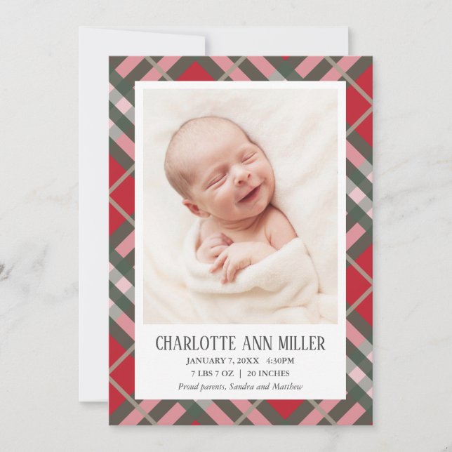 Red Kariert Baby Birma Announcement Foto Card Ankündigung (Vorderseite)
