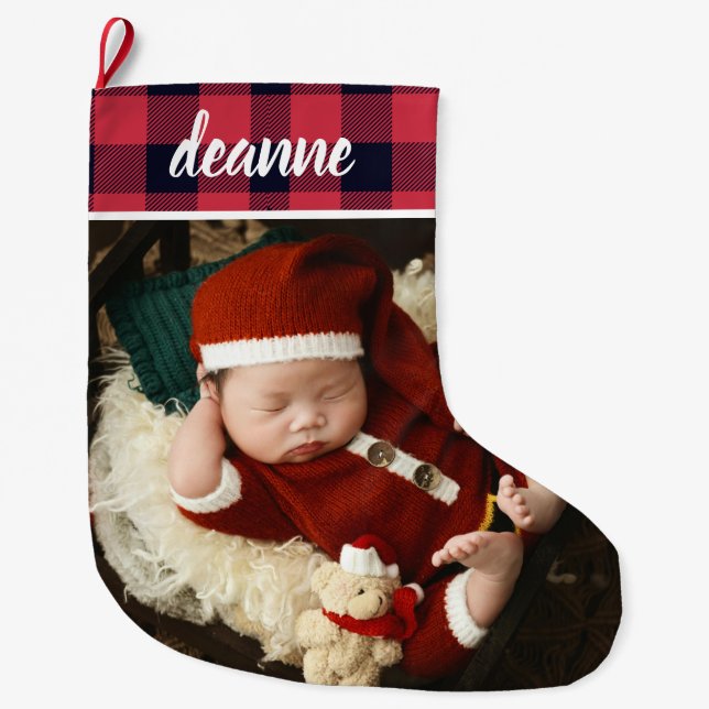 Red Kariert Baby's First Christmas 1 Foto Großer Weihnachtsstrumpf (Vorderseite)