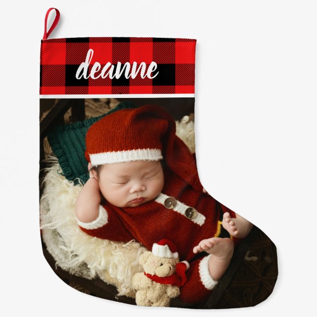 Red Kariert Baby's First Christmas 1 Foto Großer Weihnachtsstrumpf (Vorderseite)