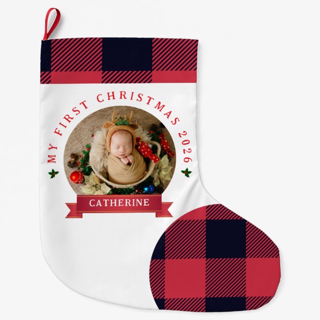 Red Kariert Baby's First Christmas 1 Foto Weihnach Großer Weihnachtsstrumpf (Vorderseite)