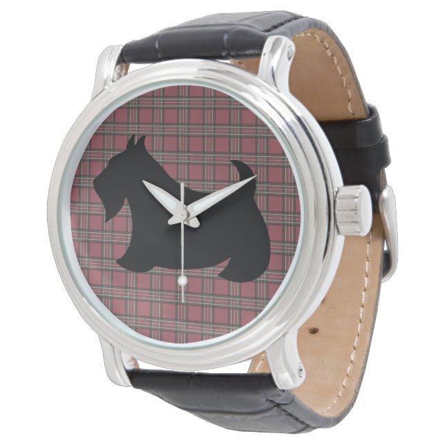Red Kariert Black Scottish Terrier Watch Armbanduhr (Schrägansicht)