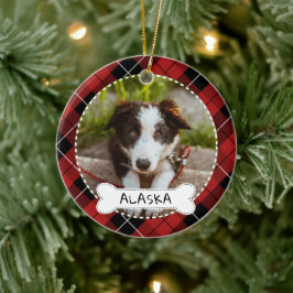 Red Kariert Bone Dog Foto & Name Keramik Ornament