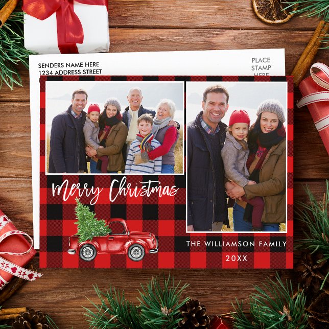 Red Kariert Brush Script Truck 2 Foto Weihnachten Postkarte (Customize to change your personalized text size or text style.)