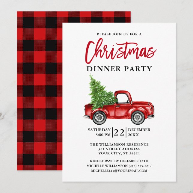 Red Kariert Brush Script Truck Weihnachts-Party Einladung (Vorne/Hinten)