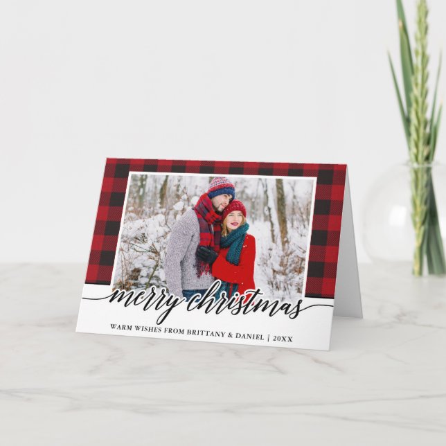 Red Kariert Calligraphy Couple Frohe Weihnachten (Vorderseite)