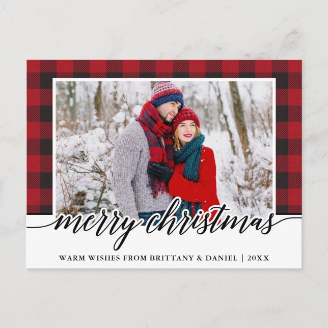 Red Kariert Calligraphy Couple Frohe Weihnachten Postkarte (Vorderseite)