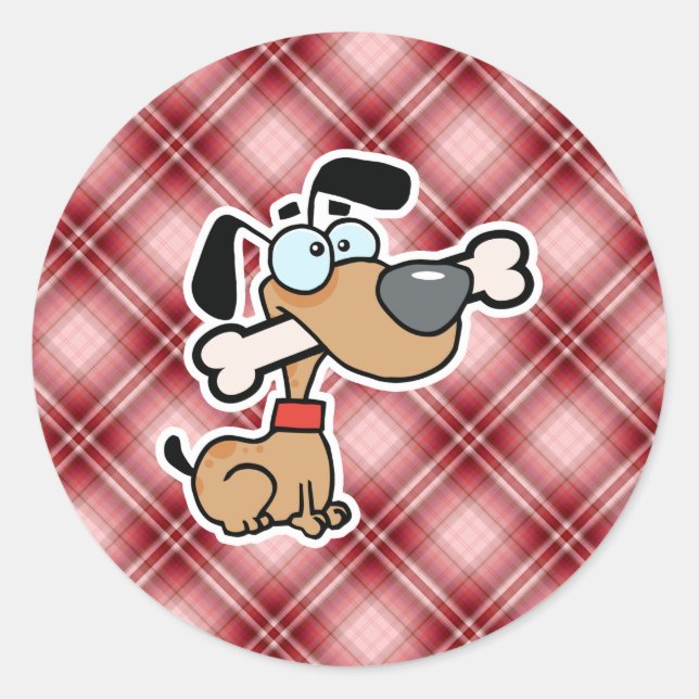Red Kariert Cartoon Dog Runder Aufkleber (Vorderseite)