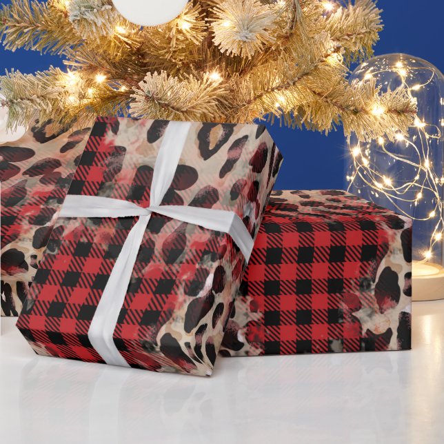 Red Kariert Cheetah Funky Christmas Geschenkpapier (Feiertage)