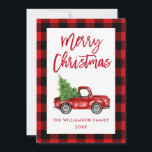 Red Kariert Christmas Brush Script Vintag Truck Feiertagskarte<br><div class="desc">Rot Kariert - Pinselschrift Wasserfarbe Vintager roter Lkw mit Weihnachtsbaum - Frohe Weihnachtskarte</div>