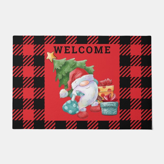 Red Kariert Christmas Gnome Fußmatte (Vorderseite)