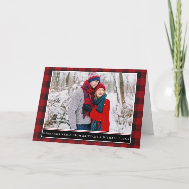 Red Kariert Couple Foto Frohe Weihnachten geklappt (Vorderseite)