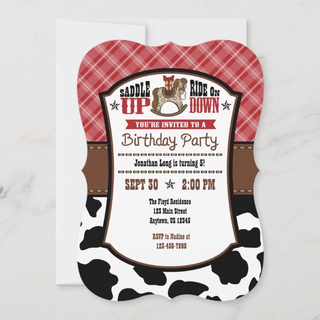 Red Kariert Cowhide Cowboy Birthday Einladung (Vorderseite)