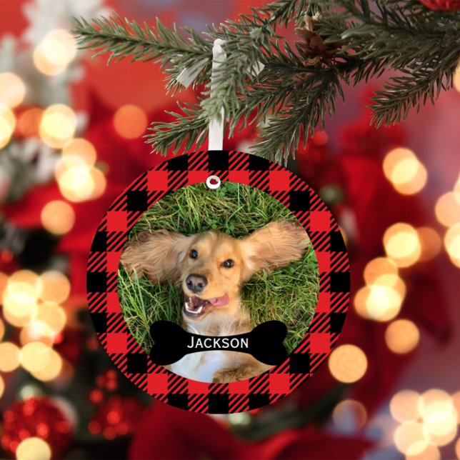 Red Kariert Custom Bone Namplate Dog Foto Ornament (Von Creator hochgeladen)