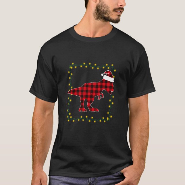 Red Kariert Dinosaur T Rex Christmas Lights Pajama T-Shirt (Vorderseite)