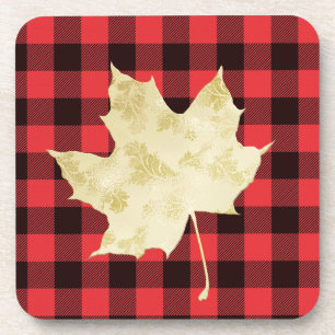 Red Kariert Gold Maple Leaf Getränkeuntersetzer