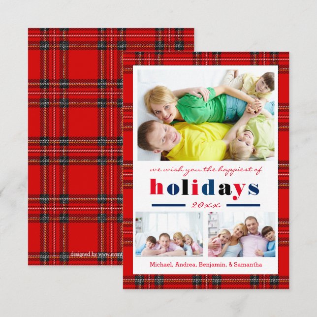 Red Kariert Happy Holidays - 3x5 Weihnachtskarte Einladung (Vorne/Hinten)