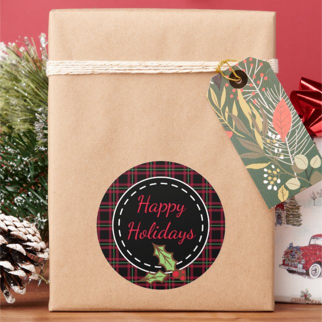 Red Kariert Happy Holidays Holly Stickers (Feiertag)