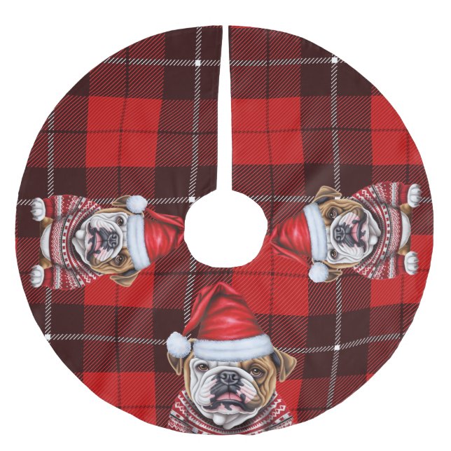 Red Kariert Holiday Bulldog Christmas Polyester Weihnachtsbaumdecke (Vorderseite)