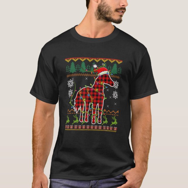 Red Kariert Horse Weihnachtsmannmütze Ugly Christm T-Shirt (Vorderseite)