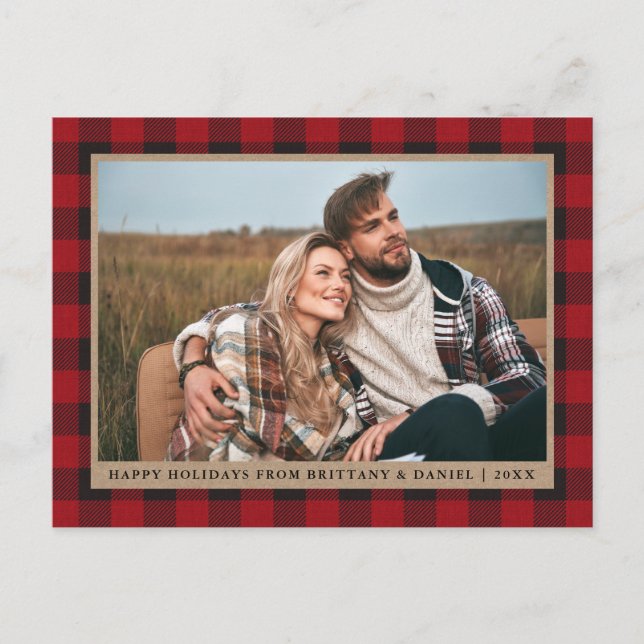Red Kariert Kraft Couple Foto Happy Holidays Postkarte (Vorderseite)