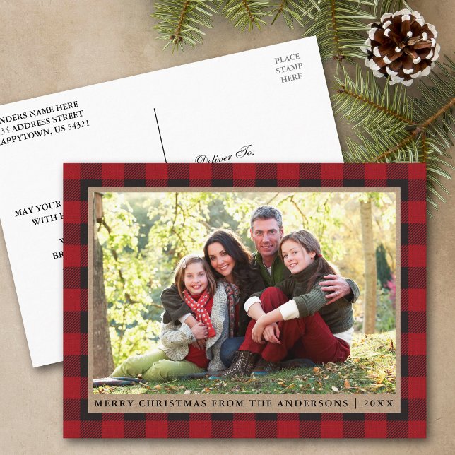 Red Kariert Kraft Family Foto Frohe Weihnachten Postkarte (Customize to change text size or text style.)