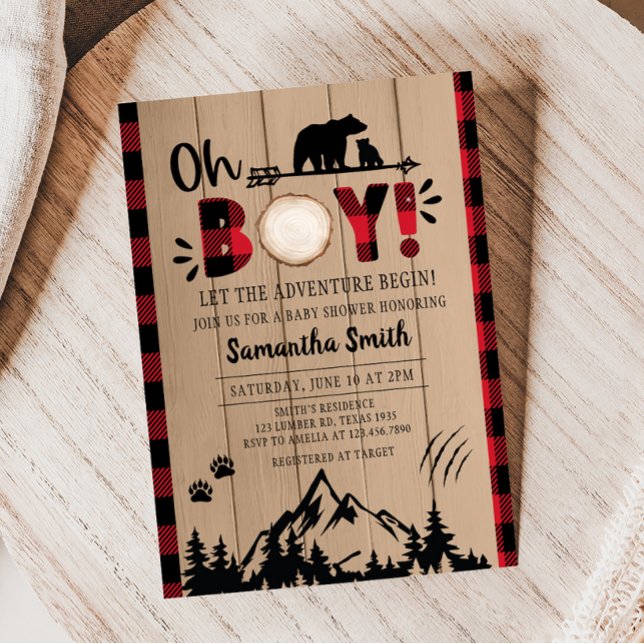 Red Kariert Lumberjack Baby Dusche Einladung (Red Plaid Bear Baby Shower Invitation)