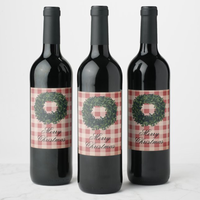 Red Kariert Merry Christmas Typografy Wreath Weinetikett (Flaschen)