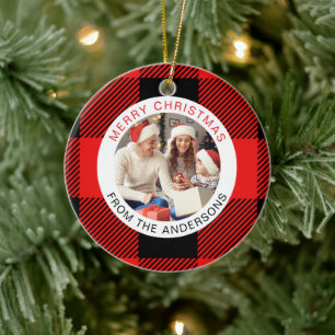 Red Kariert Modern Einfache Weihnachtsfamilie 2 Fo Keramik Ornament