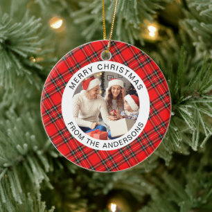 Red Kariert Modern Einfache Weihnachtsfamilie 2 Fo Keramik Ornament