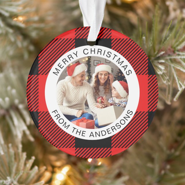 Red Kariert Modern Einfache Weihnachtsfamilie 2 Fo Ornament (Baum)