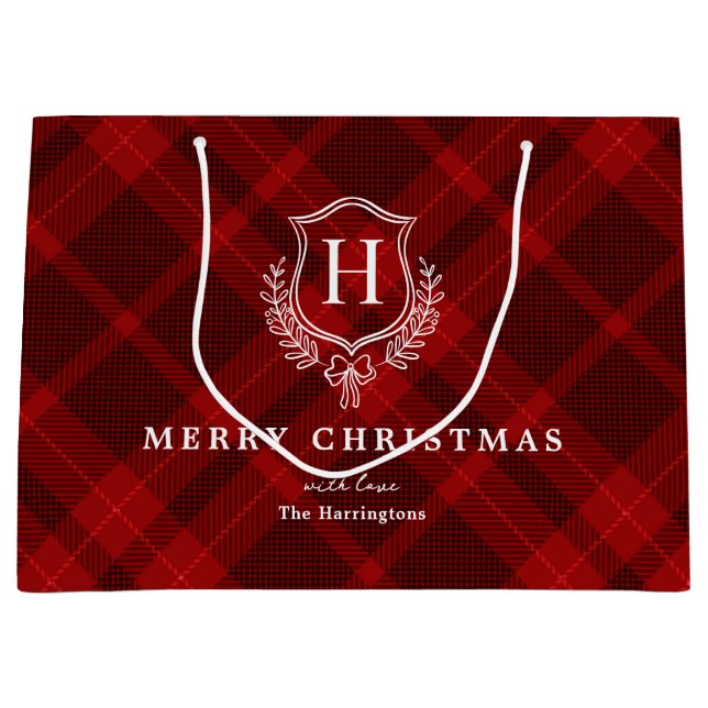 Red Kariert Monogram Name Christmas Große Geschenktüte (Vorderseite)