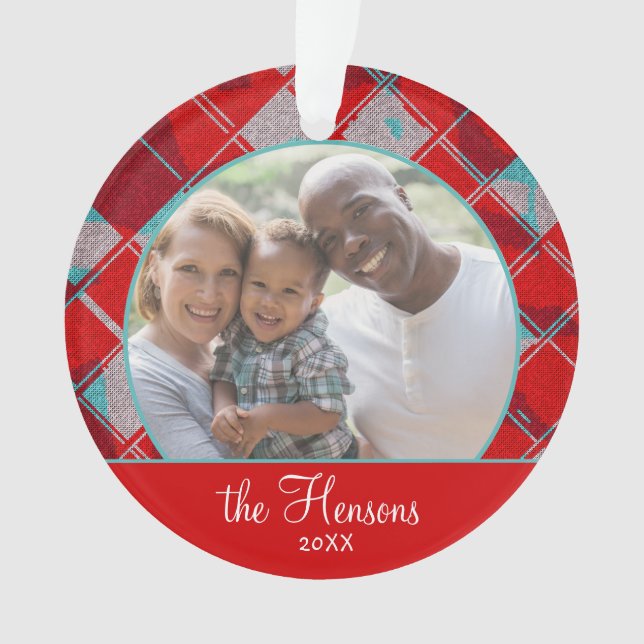 Red Kariert Patterns Family Foto Weihnachts-Sake Ornament (Vorderseite)