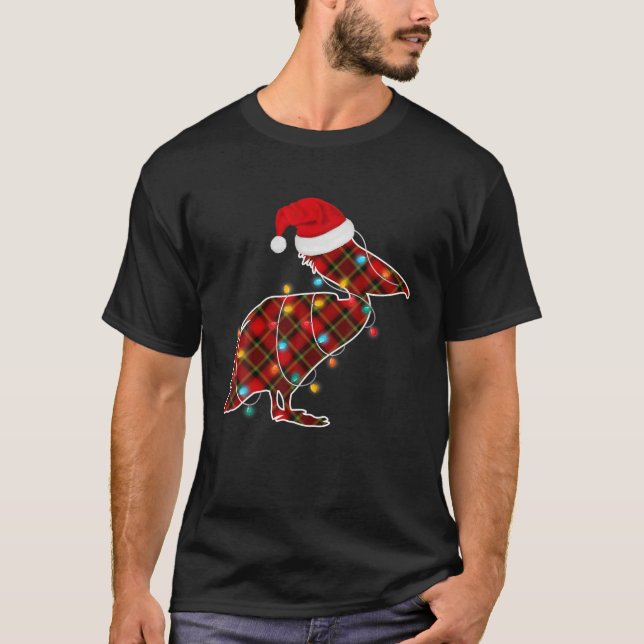 Red Kariert Pelican Bird Weihnachtsbeleuchtung Xma T-Shirt (Vorderseite)