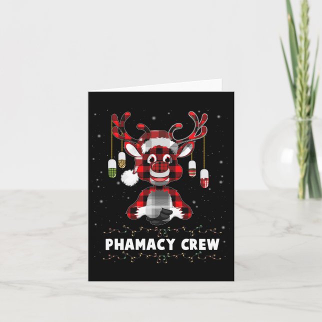 Red Kariert Reindeer Pharmacy Crew Weihnachten Karte (Vorderseite)