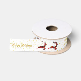 Red Kariert Reindeer White Satin Christmas Wrap Satinband